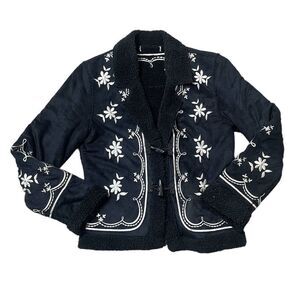 White House Black Market Embroidered Vegan Suede Boho Sherpa Toggle Jacket XS